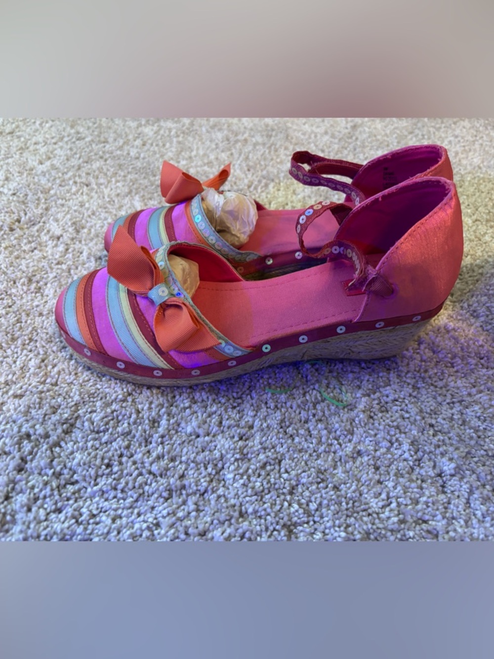 Stride Rite Girls Pink Multi-Color Striped Wedge Sandals with Bows